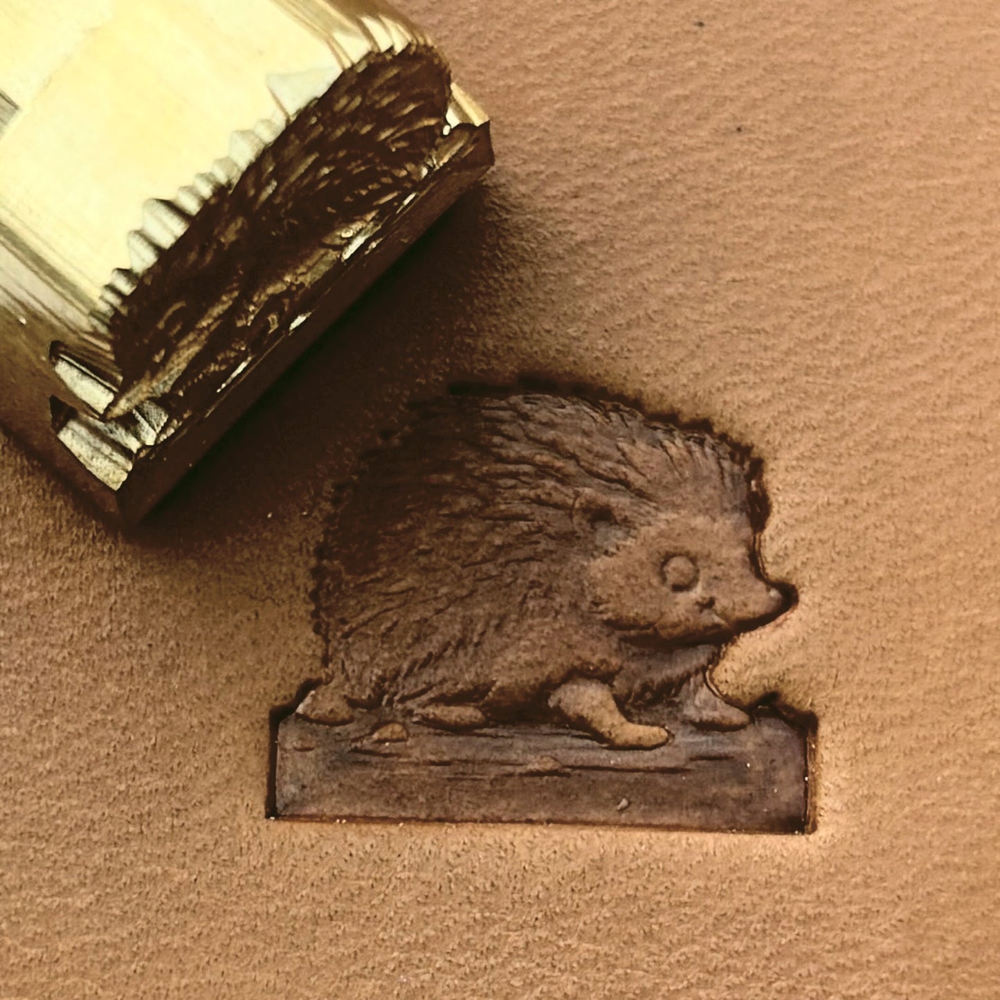 Cute Hedgehog leather stamp LT686 — brass stamping tool with imprint on natural veg-tan leather