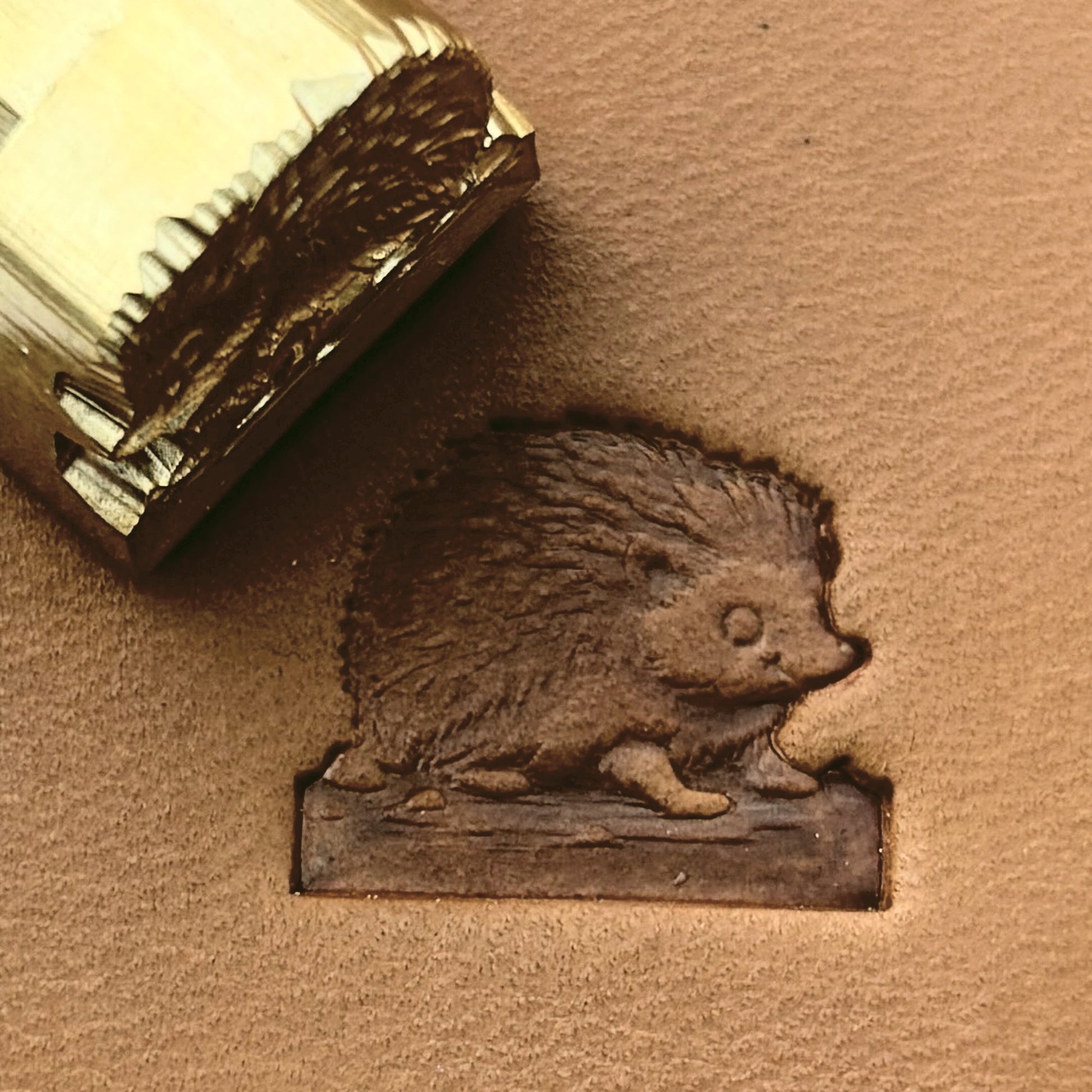 Cute Hedgehog leather stamp LT686 — brass stamping tool with imprint on natural veg-tan leather