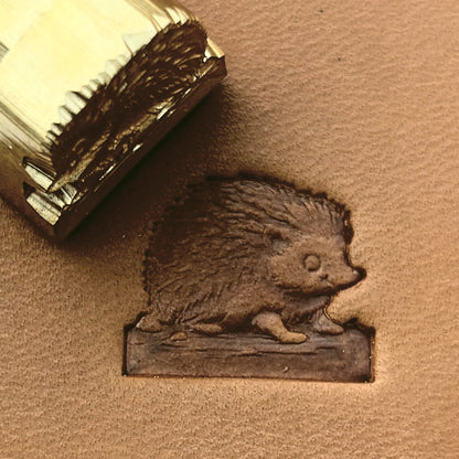 Cute Hedgehog leather stamp LT686 — brass stamping tool with imprint on natural veg-tan leather