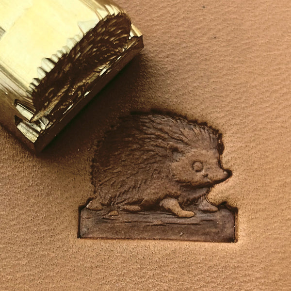 Cute Hedgehog leather stamp LT686 — brass stamping tool with imprint on natural veg-tan leather