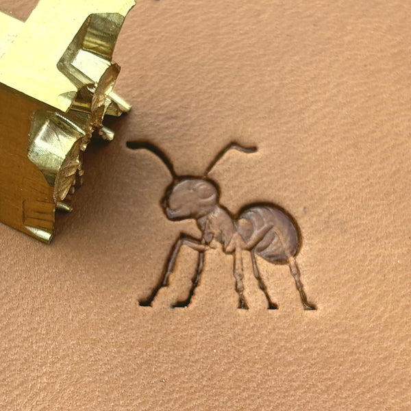 Ant leather stamp LT688 — brass stamping tool with imprint on natural veg-tan leather