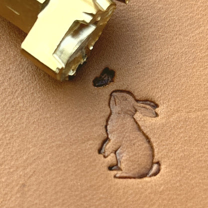 Sitting Rabbit leather stamp LT690 — brass stamping tool with imprint on natural veg-tan leather