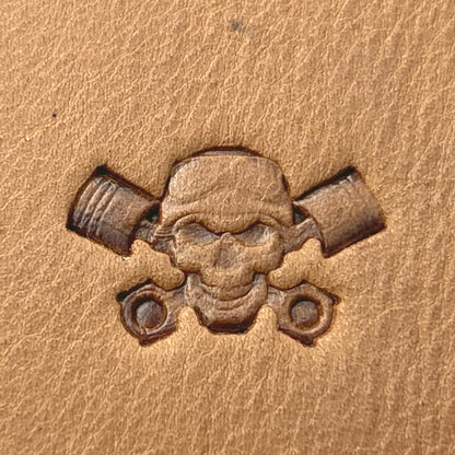 Piston Crossbones Skull leather stamp LT692 — pattern imprint on veg-tan leather