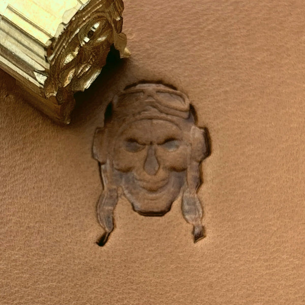 Aviator Pilot Skull leather stamp LT693 — brass stamping tool with imprint on natural veg-tan leather