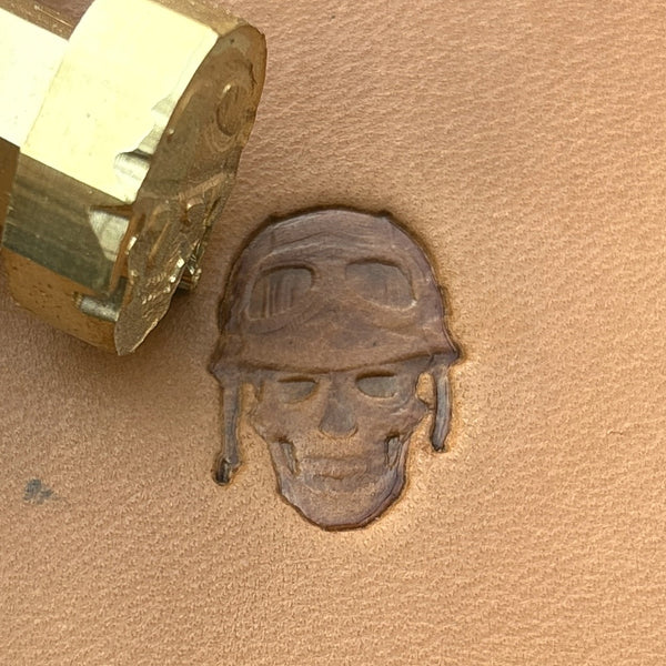 Aviator Helmet Skull leather stamp LT695 — brass stamping tool with imprint on natural veg-tan leather