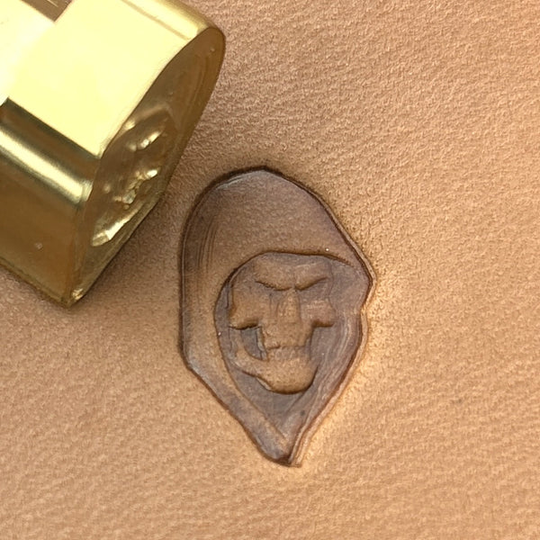 Grim Reaper Skull leather stamp LT696 — brass stamping tool with imprint on natural veg-tan leather