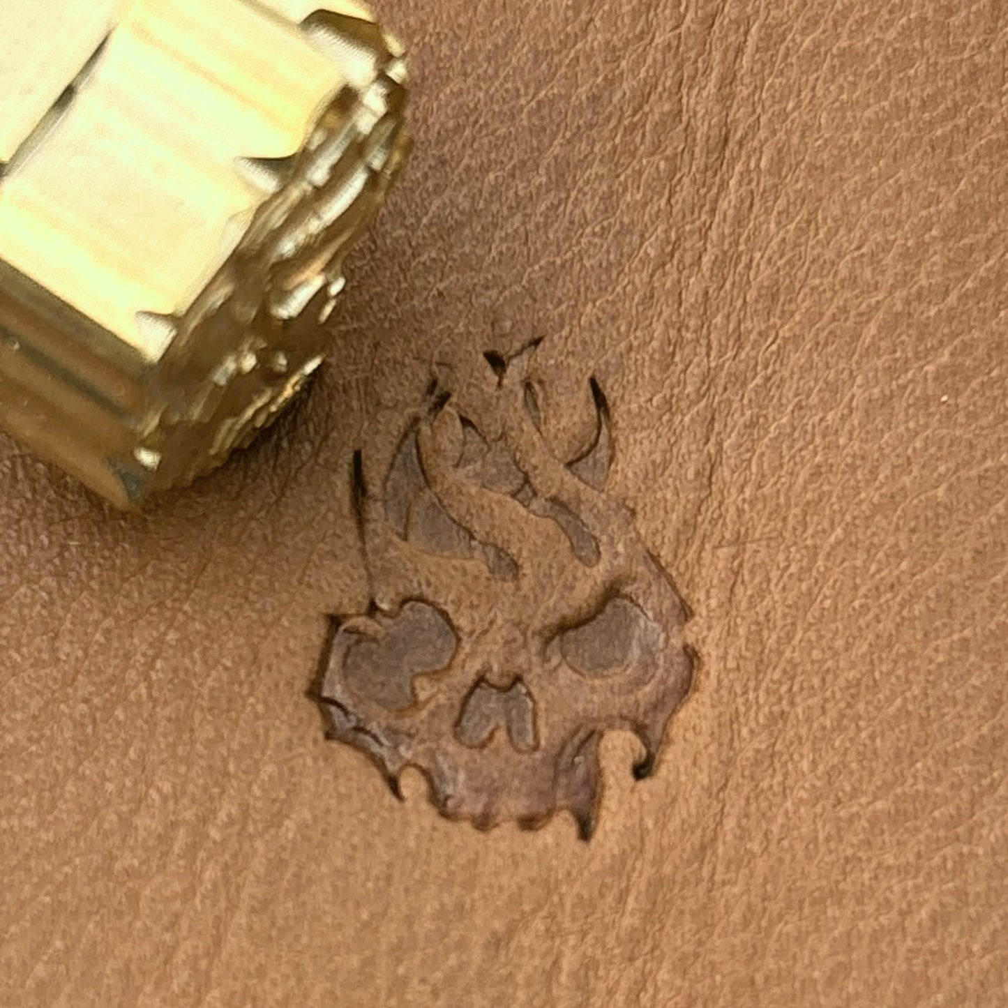 Flaming Skull leather stamp LT703 — brass stamping tool with imprint on natural veg-tan leather