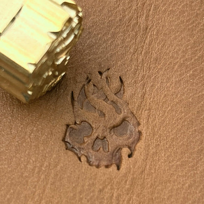 Flaming Skull leather stamp LT703 — brass stamping tool with imprint on natural veg-tan leather