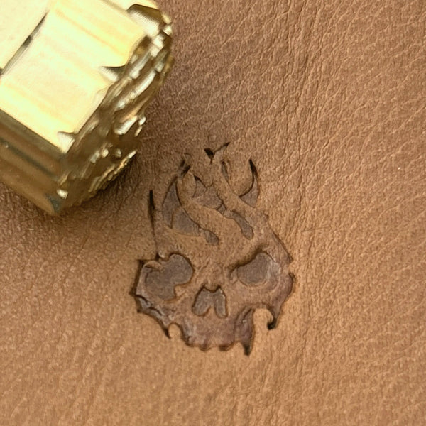 Flaming Skull leather stamp LT703 — brass stamping tool with imprint on natural veg-tan leather