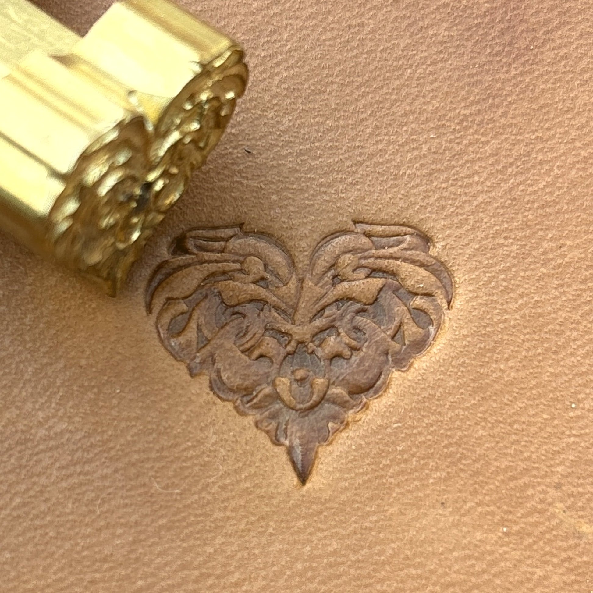 Celtic Style Heart leather stamp LT706 — brass stamping tool with imprint on natural veg-tan leather