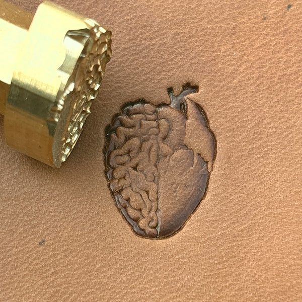 Brain Fusion Heart leather stamp LT708 — brass stamping tool with imprint on natural veg-tan leather