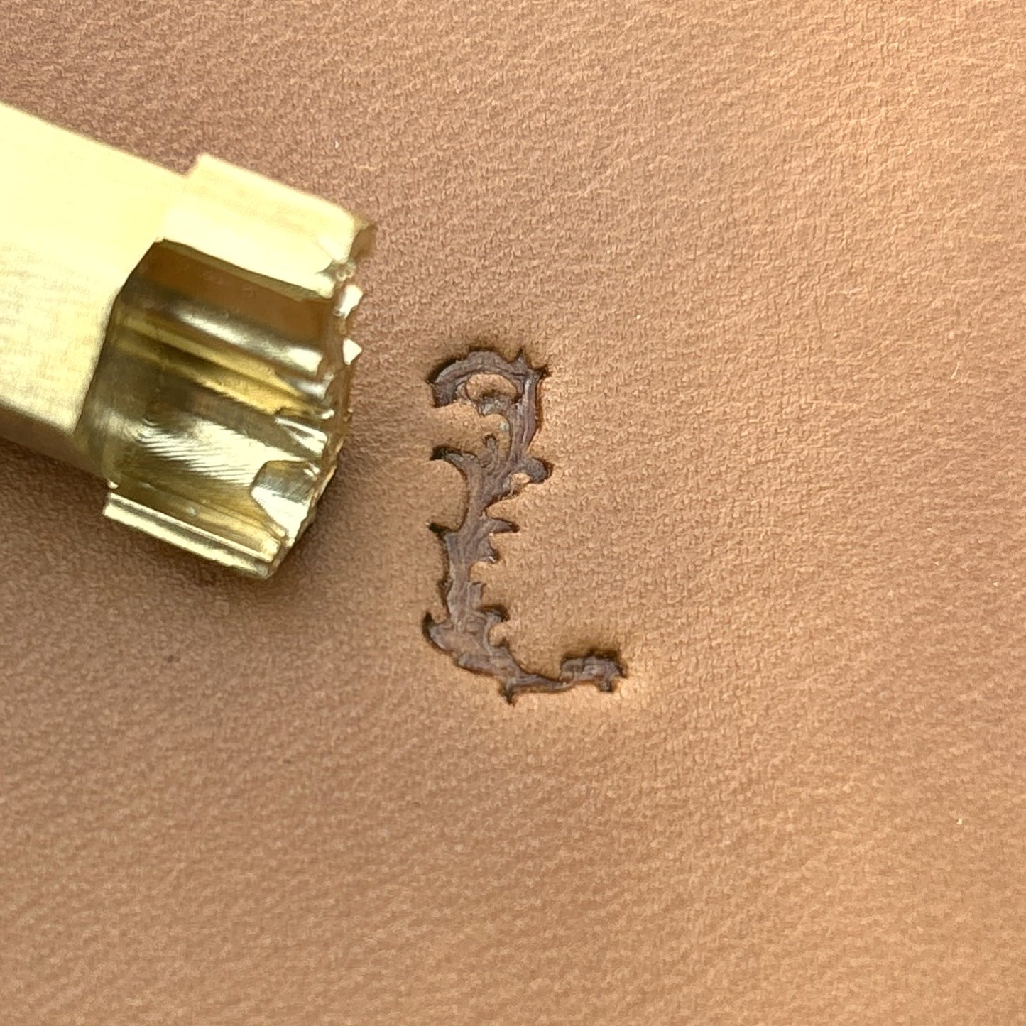 Ornate Initial Flower leather stamp LT711 — brass stamping tool with imprint on natural veg-tan leather