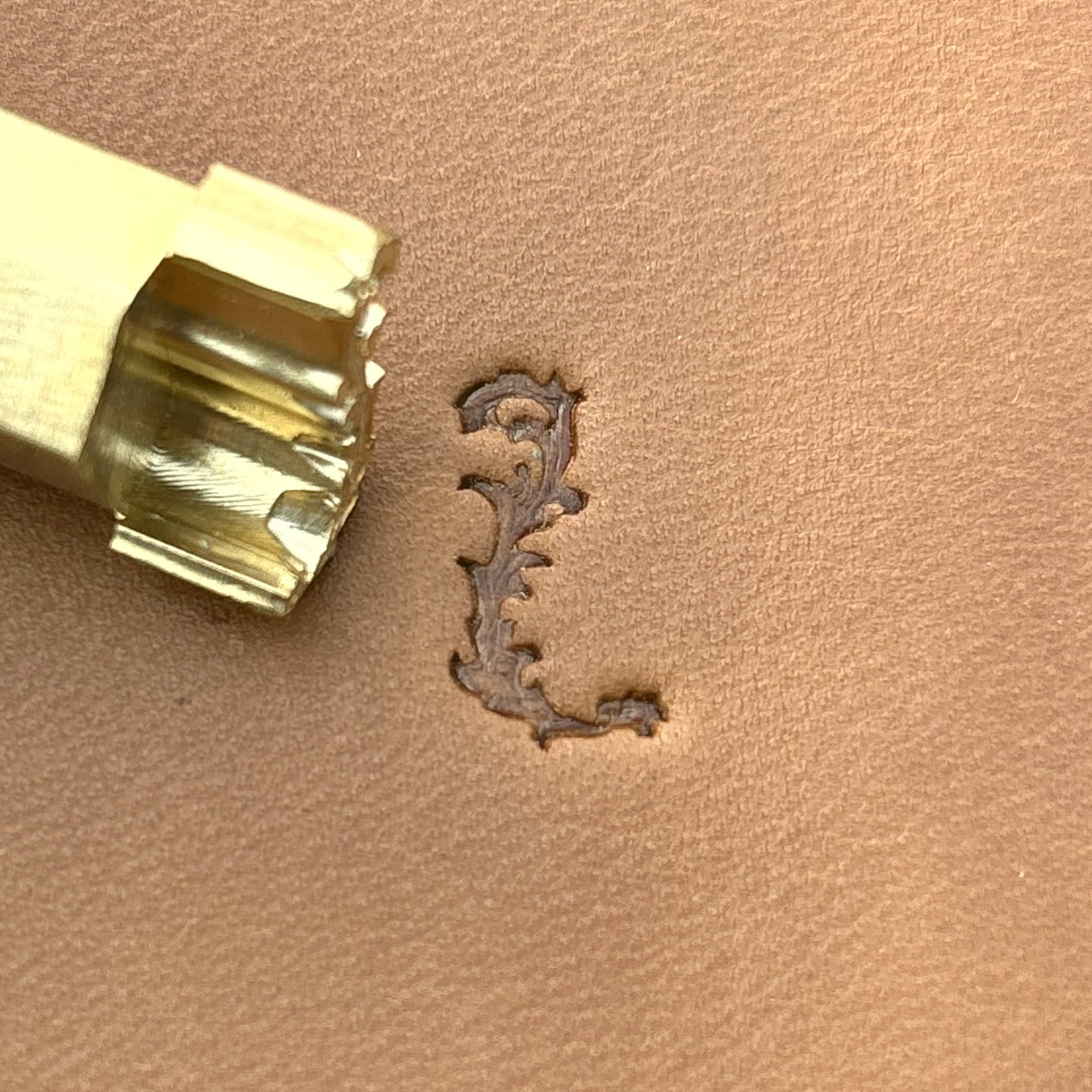 Ornate Initial Flower leather stamp LT711 — brass stamping tool with imprint on natural veg-tan leather