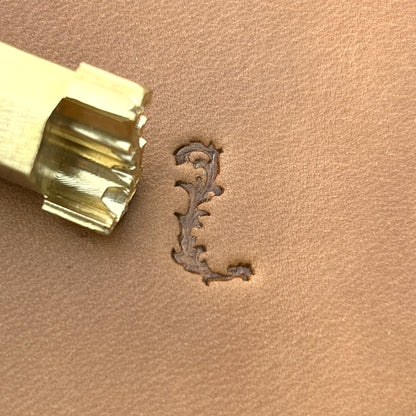 Ornate Initial Flower leather stamp LT711 — brass stamping tool with imprint on natural veg-tan leather