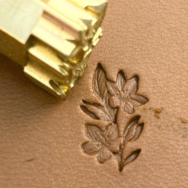 Petite Blossom Flower leather stamp LT713 — brass stamping tool with imprint on natural veg-tan leather