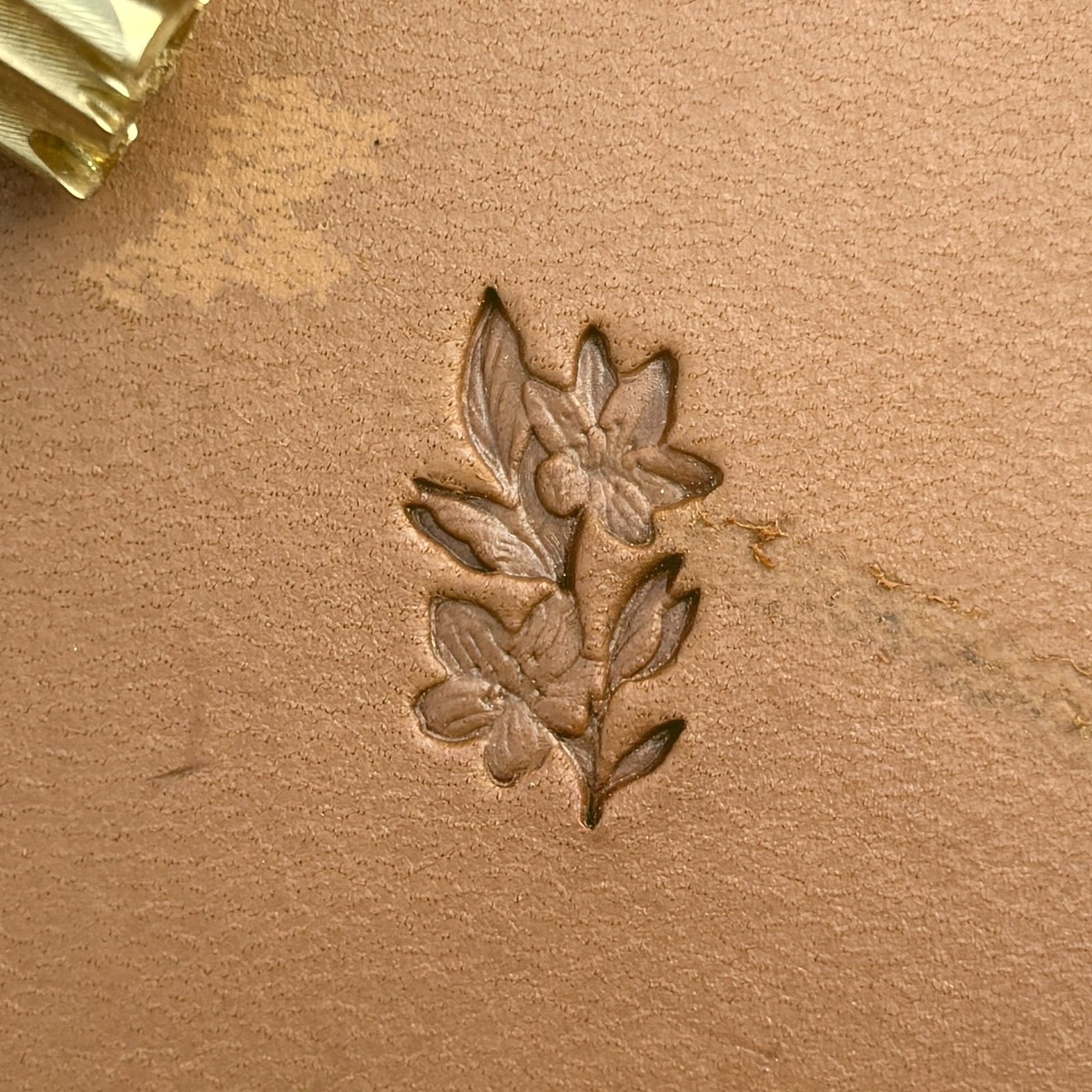 Petite Blossom Flower leather stamp LT713 — single impression on veg-tan leather