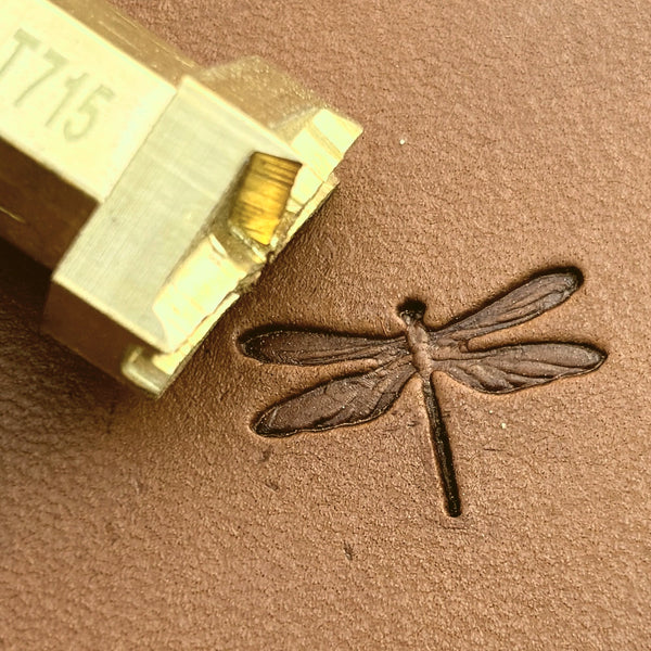 Dragonfly leather stamp LT715 — brass stamping tool with imprint on natural veg-tan leather