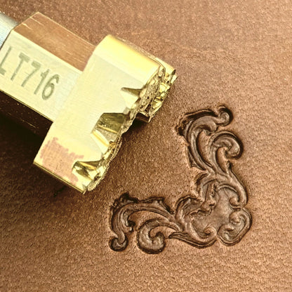 Ornate Flourish leather stamp LT716 — brass stamping tool with imprint on natural veg-tan leather
