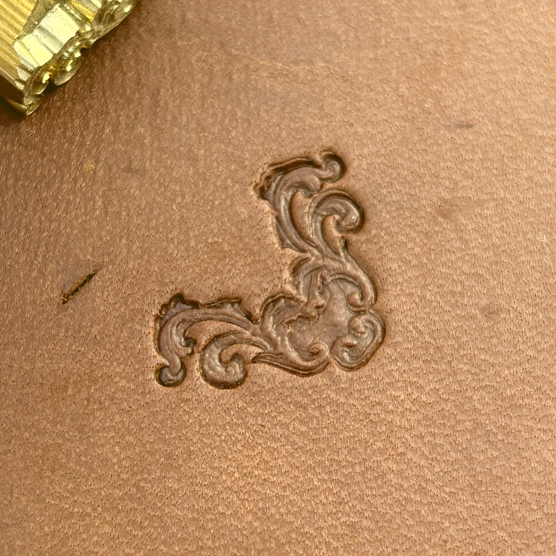 Ornate Flourish leather stamp LT716 — pattern imprint on veg-tan leather