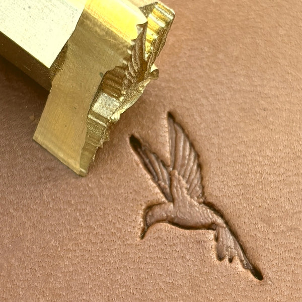 Hummingbird leather stamp LT717 — brass stamping tool with imprint on natural veg-tan leather