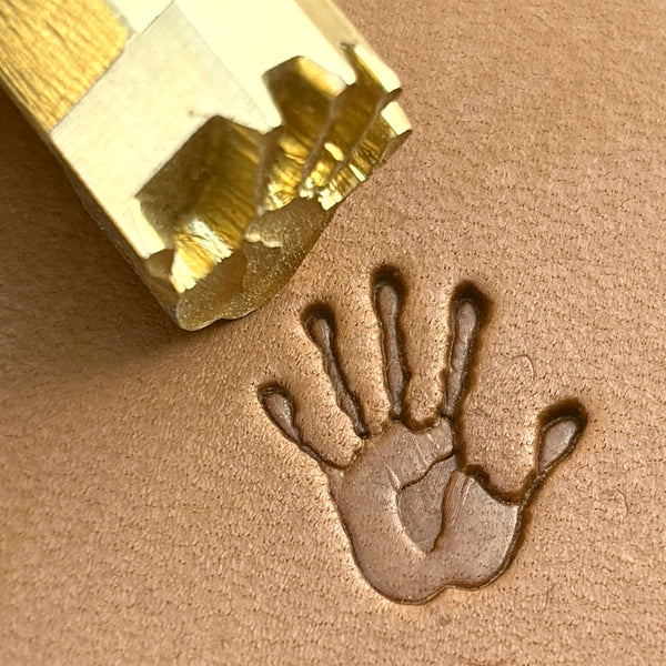 Handprint leather stamp LT718 — brass stamping tool with imprint on natural veg-tan leather