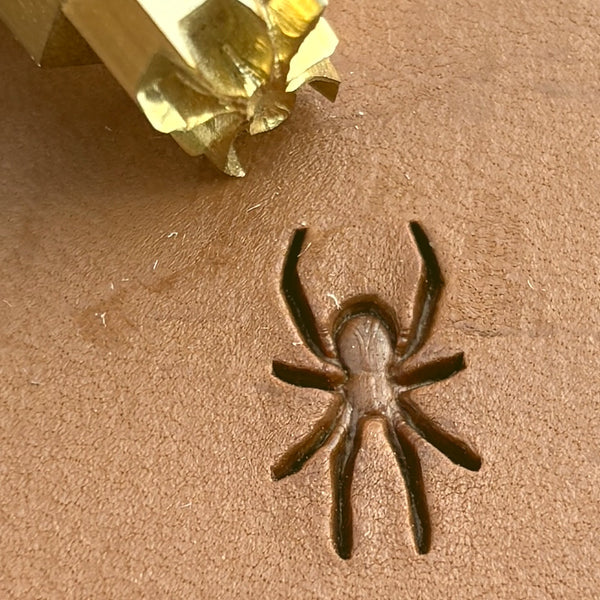 Spider leather stamp LT720 — brass stamping tool with imprint on natural veg-tan leather