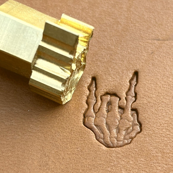 Devil Horns Hand Skull leather stamp LT723 — brass stamping tool with imprint on natural veg-tan leather