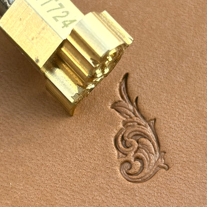 Flourish leather stamp LT724 — brass stamping tool with imprint on natural veg-tan leather