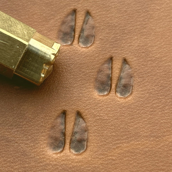 Hoof Tracks leather stamp LT744 — brass stamping tool with imprint on natural veg-tan leather