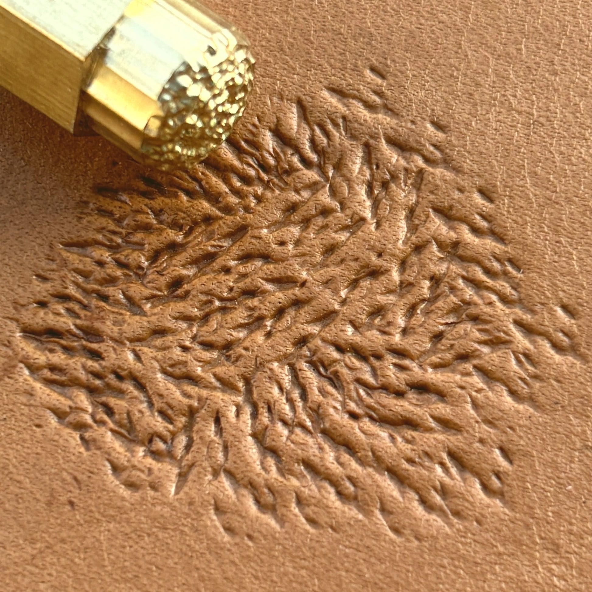 Fur Texture leather stamp LT769 — brass stamping tool with imprint on natural veg-tan leather