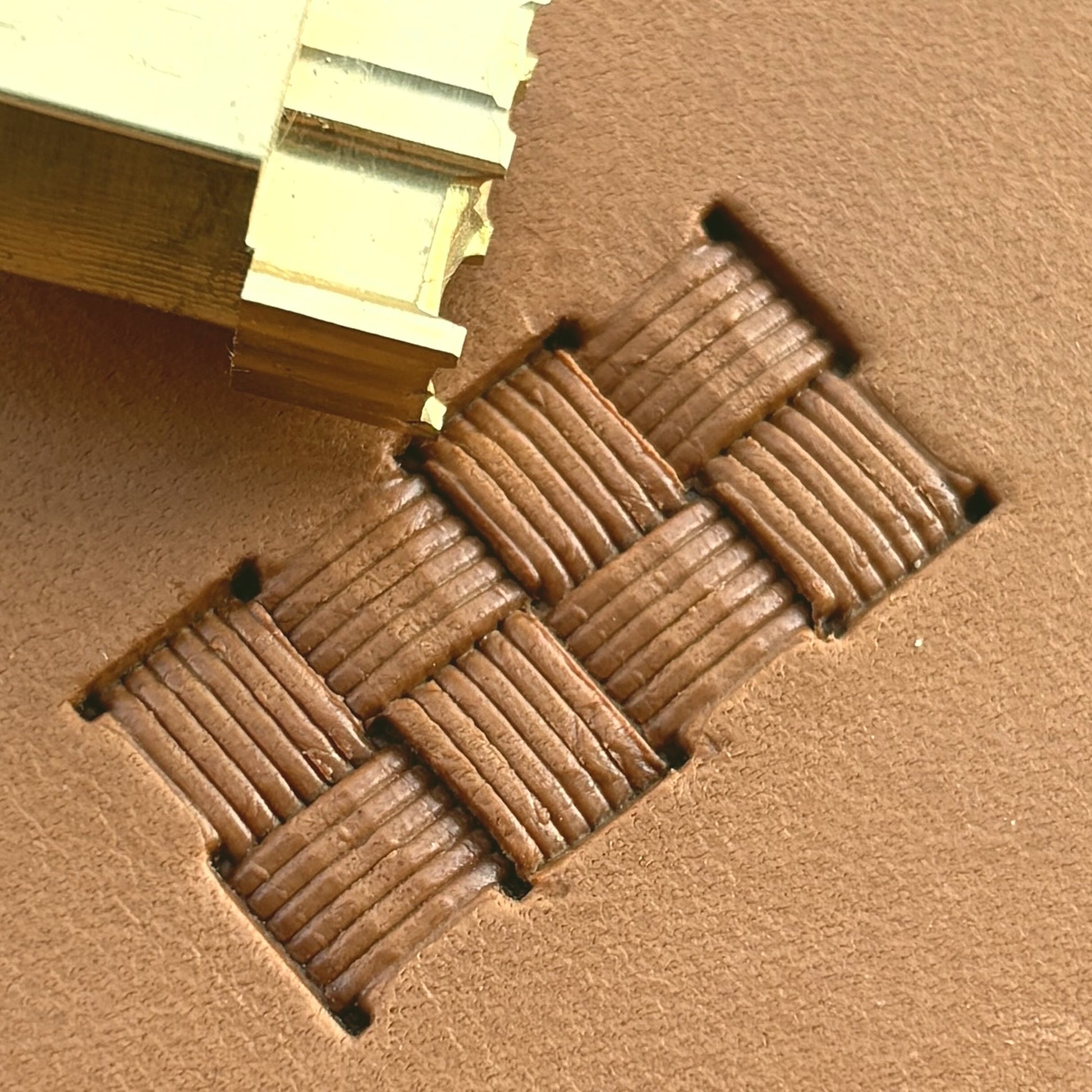 Boxed Lines Basket Weave leather stamp LT775 — brass stamping tool with imprint on natural veg-tan leather