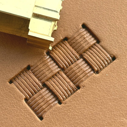 Boxed Lines Basket Weave leather stamp LT775 — brass stamping tool with imprint on natural veg-tan leather