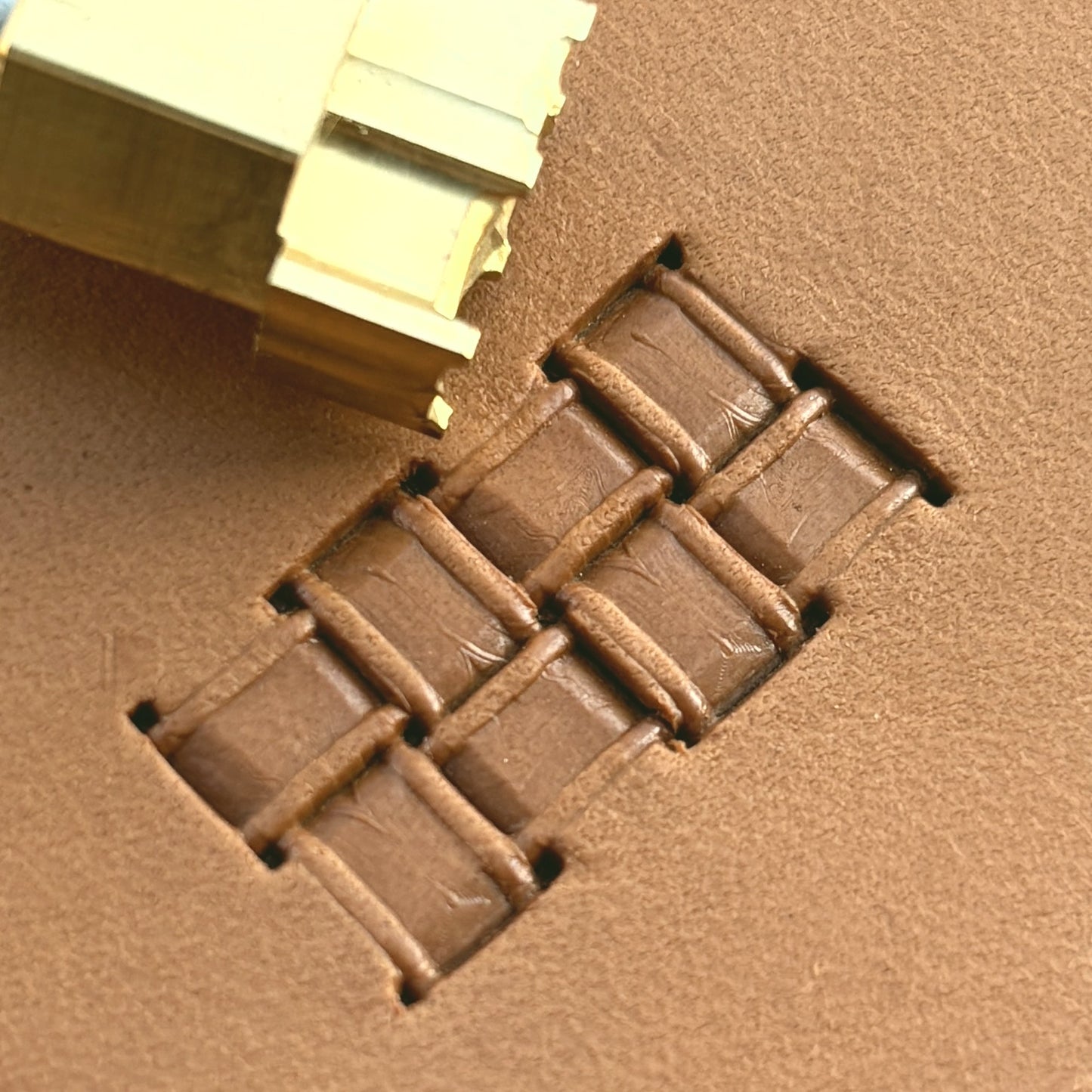 Basket Weave leather stamp LT776 — brass stamping tool with imprint on natural veg-tan leather