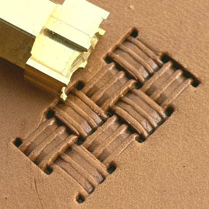 Basket Weave leather stamp LT777 — brass stamping tool with imprint on natural veg-tan leather