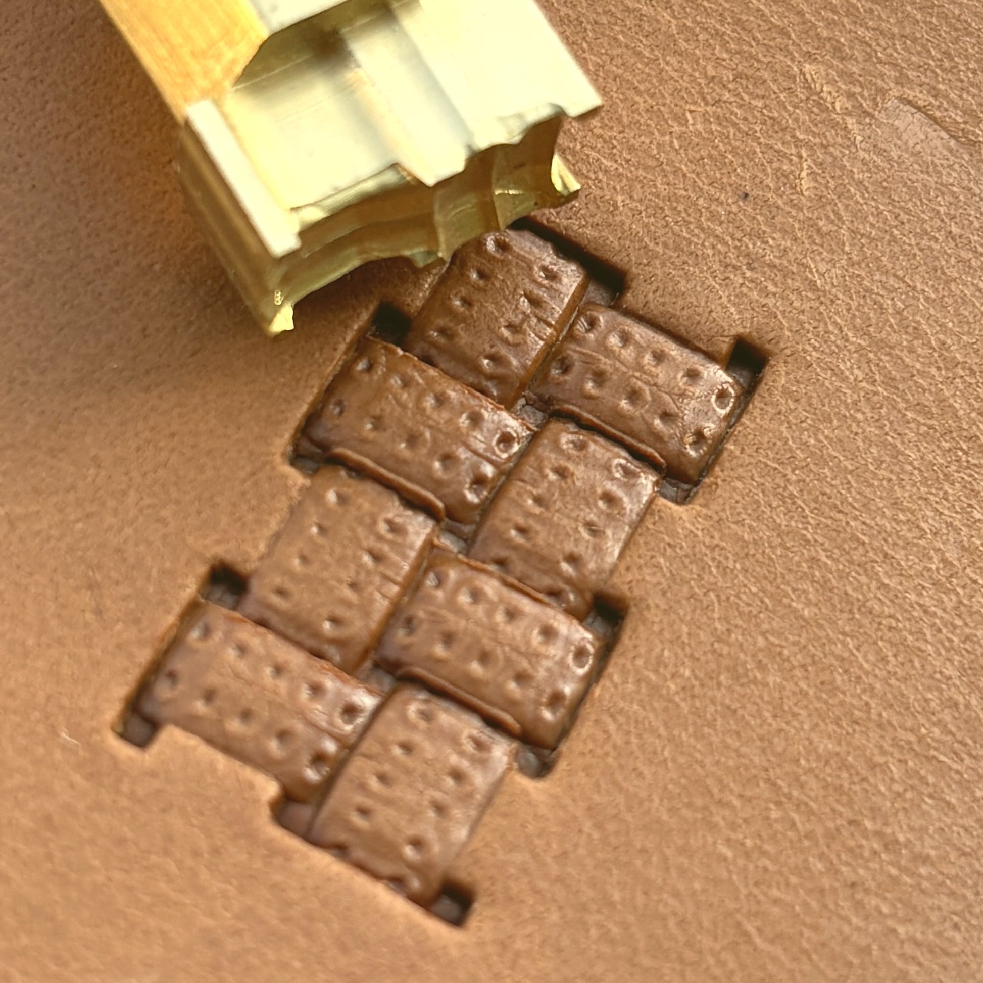Classic Style Basket Weave leather stamp LT778 — brass stamping tool with imprint on natural veg-tan leather