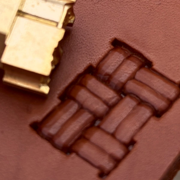 Basket Weave leather stamp LT781 — brass stamping tool with imprint on natural veg-tan leather