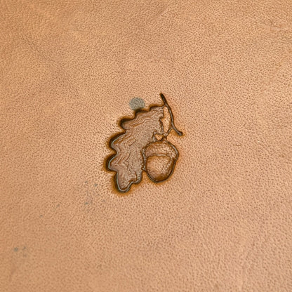 Acorn Oak Leaf leather stamp LT784 — single impression on veg-tan leather