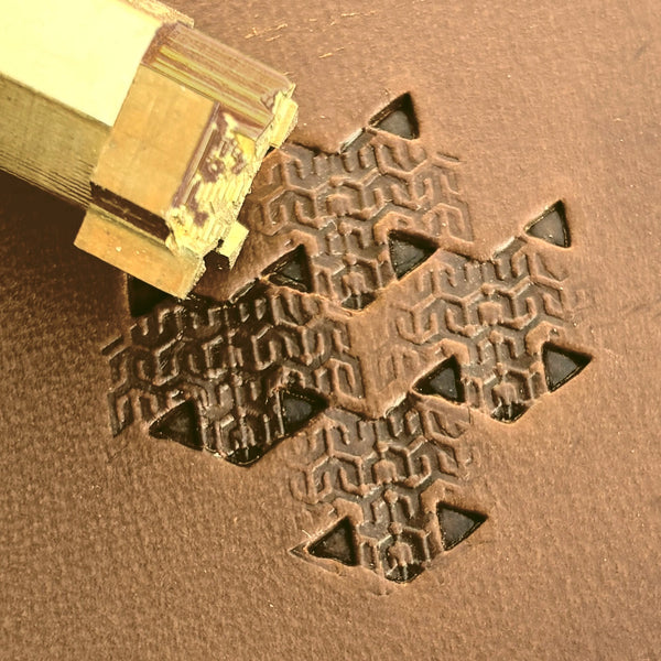 Hooked Mesh Hex Tile leather stamp LT823 — brass stamping tool with imprint on natural veg-tan leather