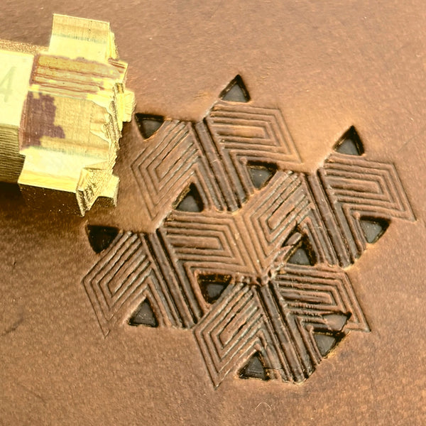 Geometric Lines leather stamp LT824 — brass stamping tool with imprint on natural veg-tan leather