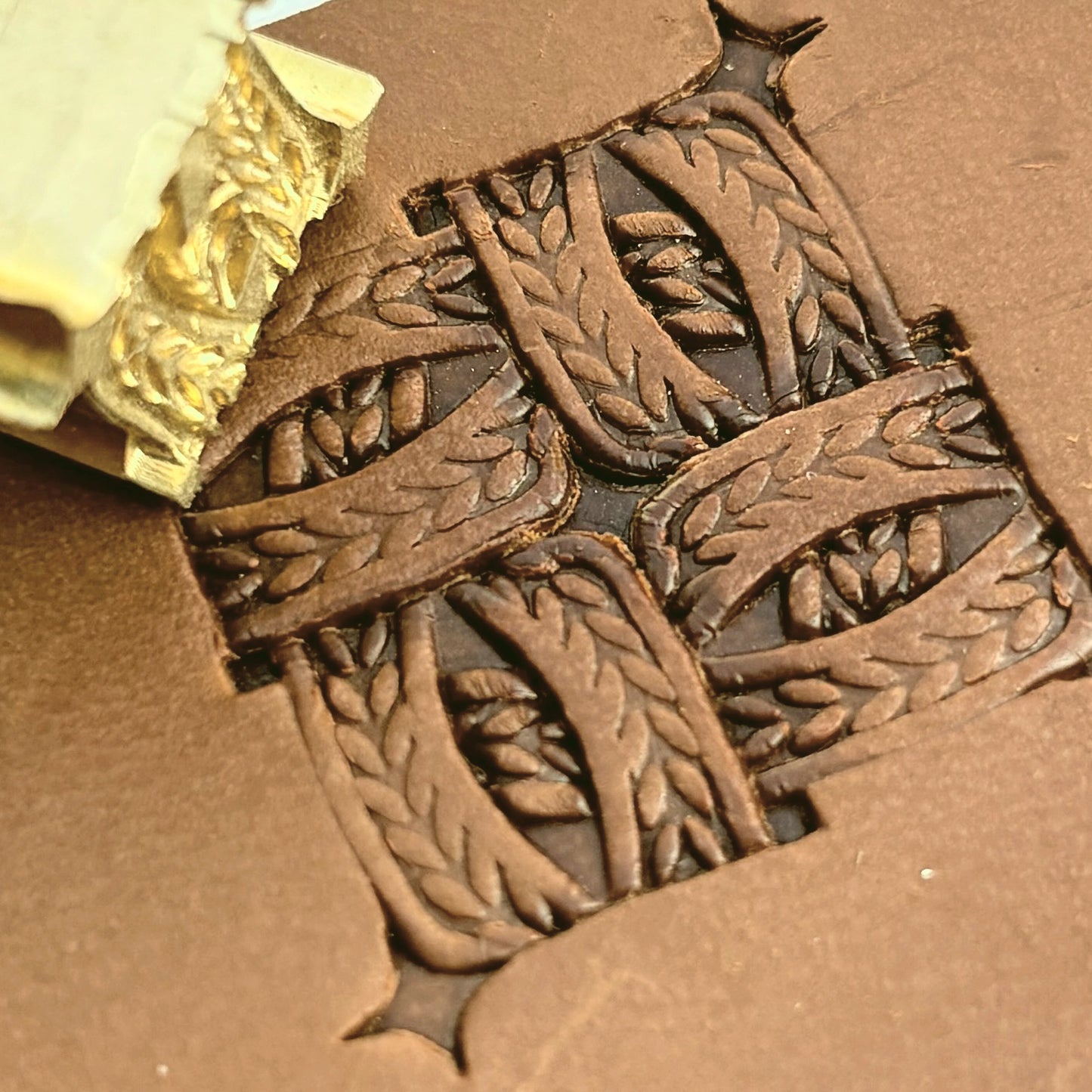 Braided Squares Basket Weave leather stamp LT825 — brass stamping tool with imprint on natural veg-tan leather