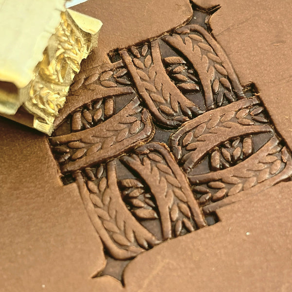 Braided Squares Basket Weave leather stamp LT825 — brass stamping tool with imprint on natural veg-tan leather