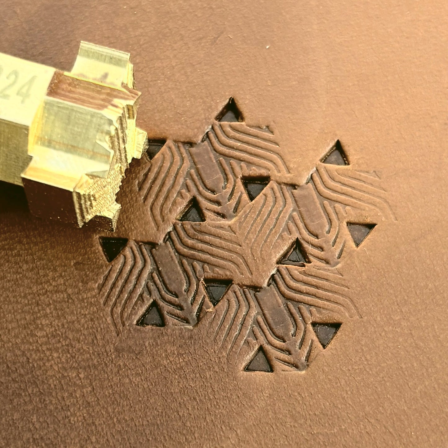 Grooved Hex Tile leather stamp LT826 — brass stamping tool with imprint on natural veg-tan leather
