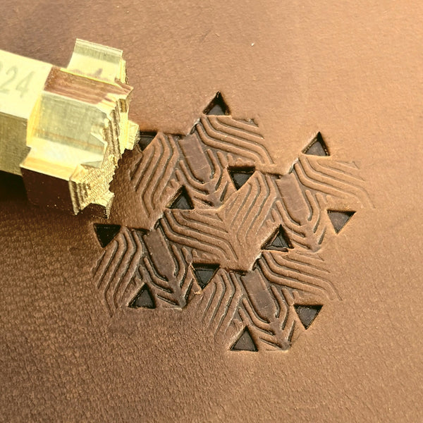 Grooved Hex Tile leather stamp LT826 — brass stamping tool with imprint on natural veg-tan leather