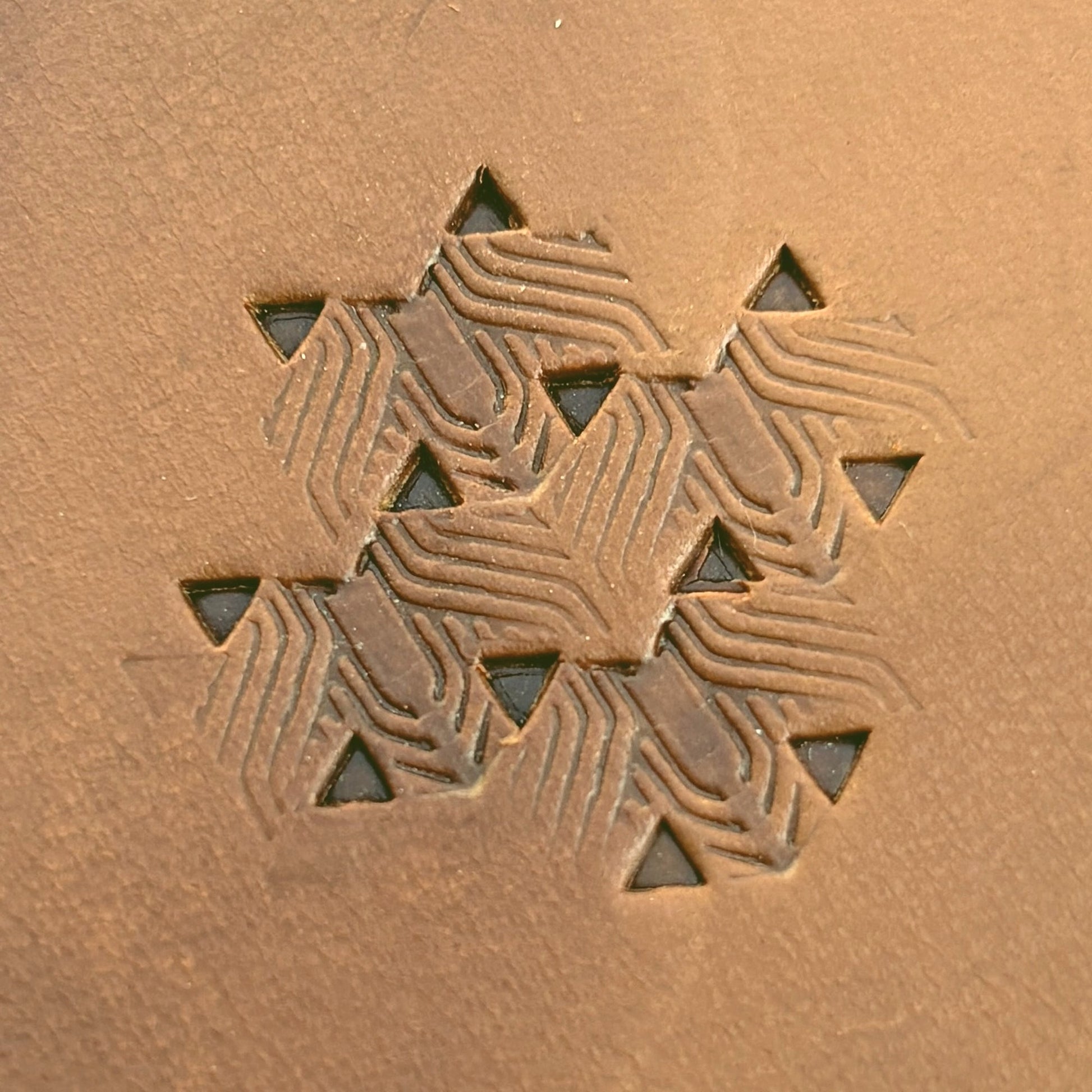 Grooved Hex Tile leather stamp LT826 — pattern imprint on veg-tan leather