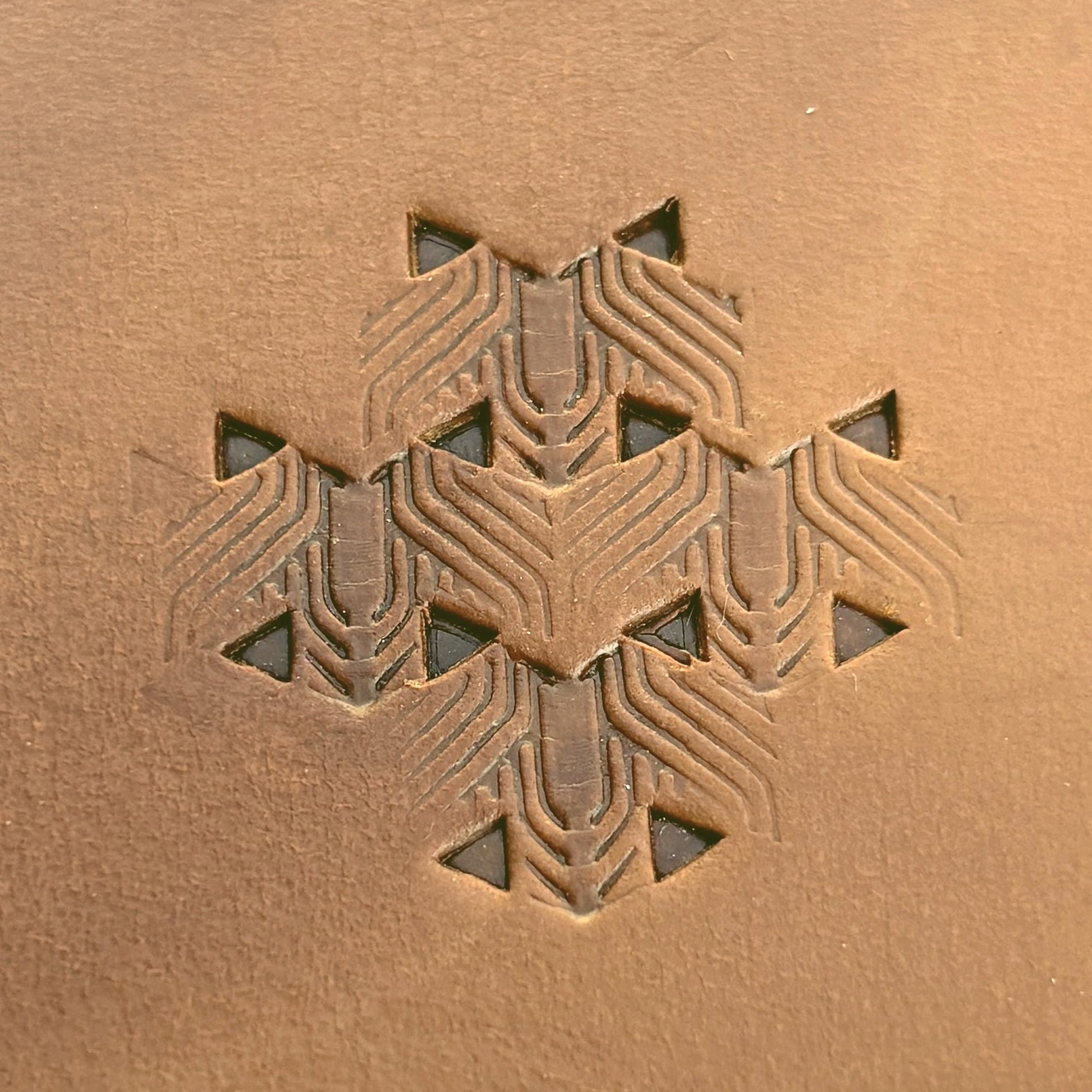 Grooved Hex Tile leather stamp LT826 — pattern imprint on veg-tan leather