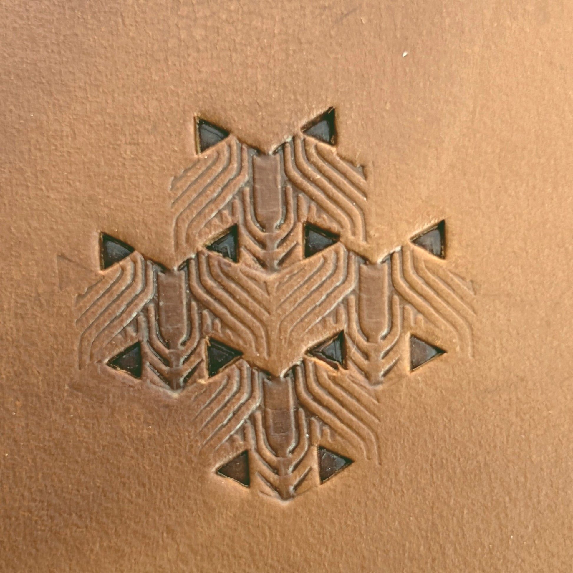 Grooved Hex Tile leather stamp LT826 — pattern imprint on veg-tan leather