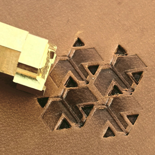 Smooth Hex Tile leather stamp LT827 — brass stamping tool with imprint on natural veg-tan leather