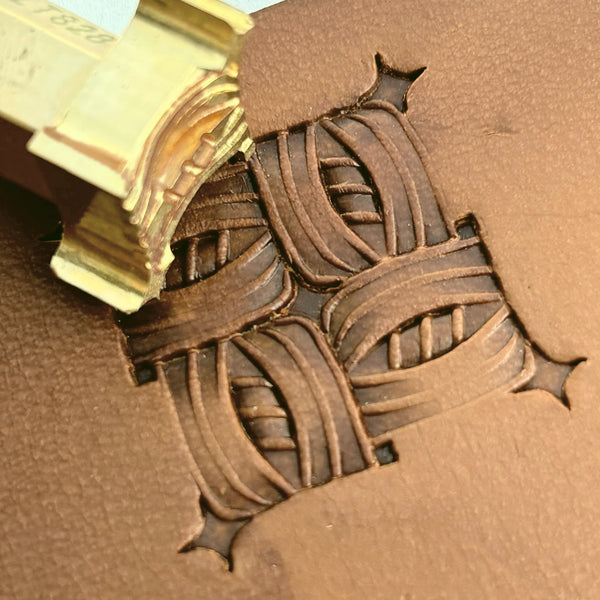 Diamond Lines Basket Weave leather stamp LT828 — brass stamping tool with imprint on natural veg-tan leather