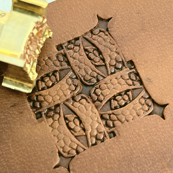 Cobbled Basket Weave leather stamp LT829 — brass stamping tool with imprint on natural veg-tan leather