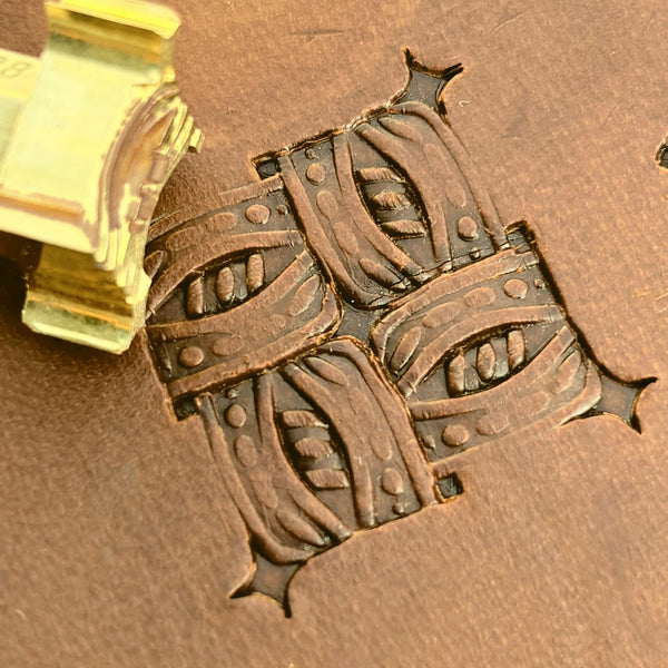 Beaded Basket Weave leather stamp LT830 — brass stamping tool with imprint on natural veg-tan leather